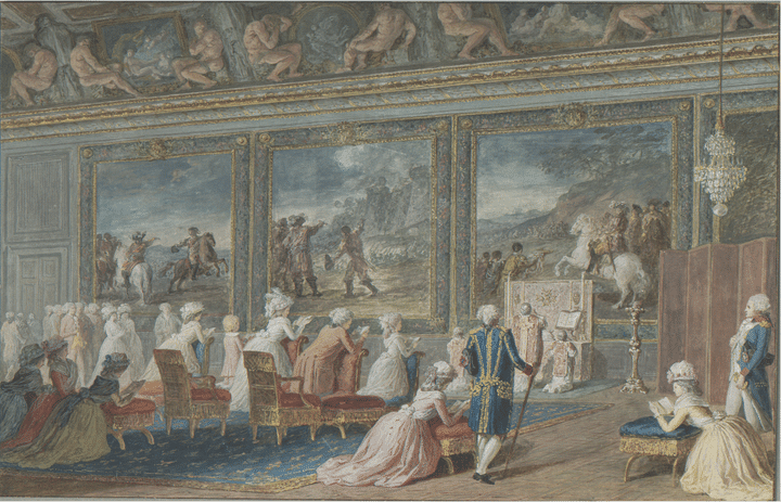 "La Messe de la famille royale dans la galerie de Diane au château des Tuileries, au cours de l'été 1791, anonyme, copie d'époque d'après Hubert Robert (DR)