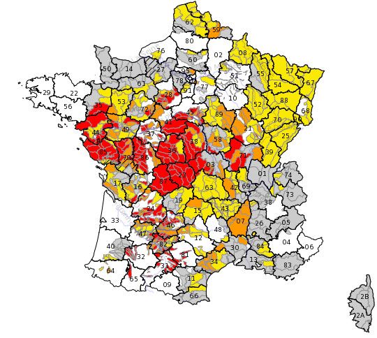 La carte des restrictions d'eau par le site gouvernemental Propluvia (PROPLUVIA)