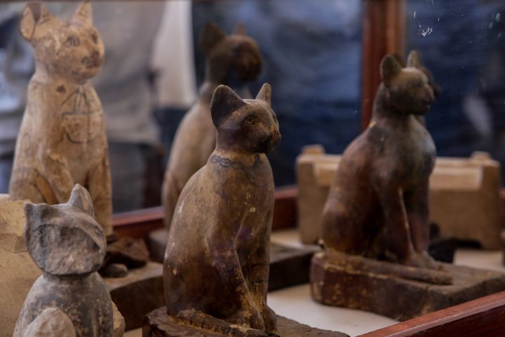 Statuettes de chats exposées à Saqqarah, le 23 novembre 2019 (SAMER ABDALLAH / DPA / AFP)