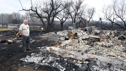 Un homme regarde sa maison détruite par les flammes à Drayton Valley, dans l'Alberta, le 8 mai 2023. Plusieurs dizaines de milliers de personnes ont été évacuées de ces localités le mois dernier. (WALTER TYCHNOWICZ / AFP)