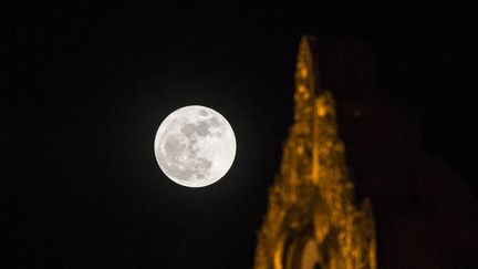 La "super Lune" immortalisée à promixité de la pagode Swe Taw Myat à Rangoun (Birmanie), le 14 novembre 2016.&nbsp; (ROMEO GACAD / AFP)