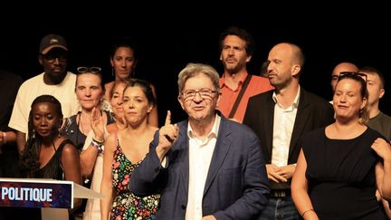 Le leader de La France insoumise, Jean-Luc Mélenchon, aux journées d'été du parti à Châteauneuf-sur-Isère (Drôme), le 24 août 2024. (LAETITIA NOTARIANNI / HANS LUCAS / AFP)