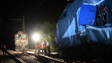 Des employ&eacute;s de la SNCF sur les lieux de la collision entre un TER et un TGV, &agrave; Denguin (Pyr&eacute;n&eacute;es-Atlantiques), le 17 juillet 2014. (MEHDI FEDOUACH / AFP)