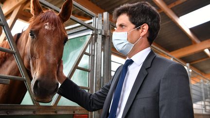 Le ministre de l'Agriculture Julien Denormandie en visite dans une écurie de Saône-et-Loire le 28 août 2020.
 (KETTY BEYONDAS / MAXPPP)