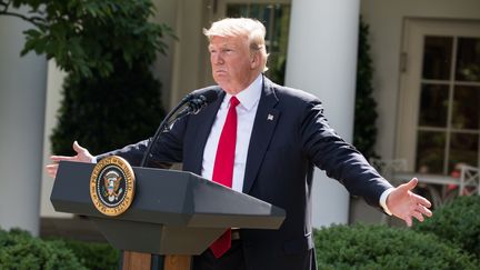 Le président américain Donald Trump, le 1er juin 2017, dans les jardins de la Maison Blanche, à Washington (Etats-Uni), lors de l'annonce du retrait américain de l'accord de Paris sur le climat. (CHERISS MAY / NURPHOTO / AFP)