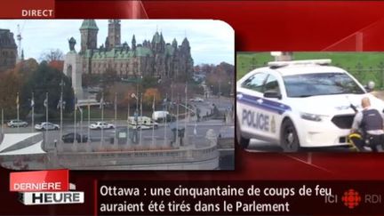 Capture d'&eacute;cran de la chapine canadienne ICI RDI mopntrant le Parlament d'Ottawa (Canada) en alerte, le 22 octobre 2014. (RADIO CANADA)