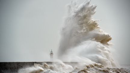 Un peu plus loin, une vague gigantesque jaillit au-dessus du phare du port de Newheaven. (GLYN KIRK / AFP)