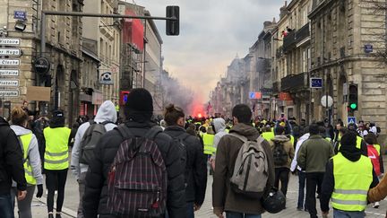 Cortège de "gilets jaunes" à Bordeaux, le 12 janvier 2019. (LOUISE HEMMERLE / FRANCE INFO)