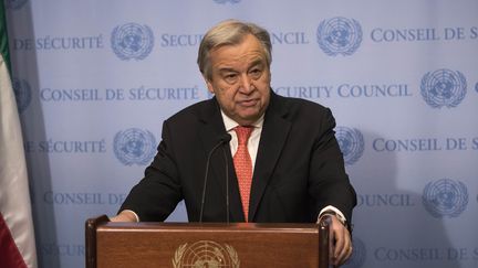 Le secrétaire général des Nations unies, Antonio Guterres, lors d'une conférence de presse à New York (Etats-Unis), le 2 février 2018. (ATILGAN OZDIL / ANADOLU AGENCY / AFP)