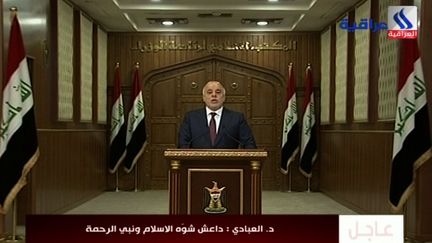 Le Premier ministre irakien&nbsp;Haïdar Al-Abadi à la télévision irakienne, le 28 décembre 2015. (IRAQIYA / AFP)