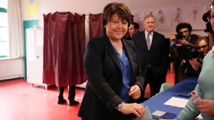 La maire sortante (PS) de Lille (Nord), candidate &agrave; sa propre succession, Martine Aubry, le 23 mars 2014. (CITIZENSIDE / THIERRY THOREL / AFP)