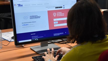 Une femme se renseigne sur le site de&nbsp;moncompteformation.gouv.fr. (CLAUDE PRIGENT / MAXPPP)