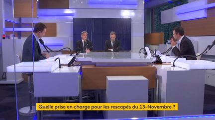 Dominique Reynié, politologue, professeur à Sciences Po et directeur général de la Fondation pour l'innovation politique et Guillaume Denoix de Saint-Marc, fondateur et directeur de l'Association française des victimes de terrorisme étaient les invités du 8h30 franceinfo le mercredi 13 novembre 2019. (FRANCEINFO / RADIOFRANCE)