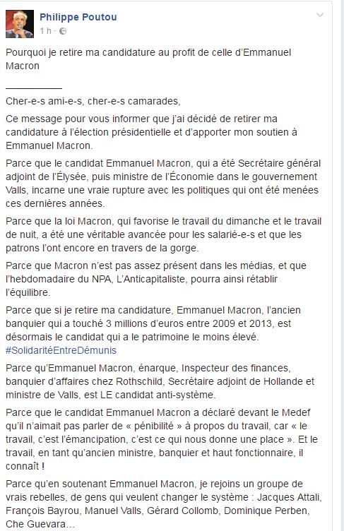 Capture écran du compte Facebook de Philippe Poutou, samedi 1er avril 2017. (PHILIPPE POUTOU)