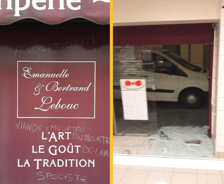 La devanture vandalisée de la boucherie de Bertrand Lebouc à Angers (Maine-et-Loire), le 27 juin 2018.&nbsp; (DR)