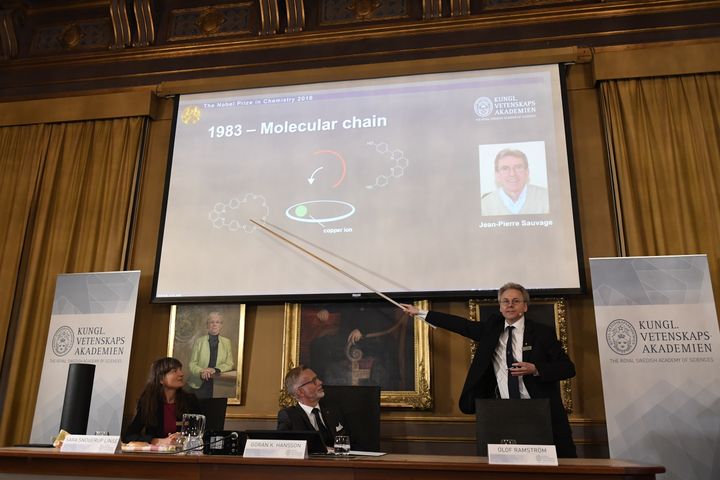 Le comité Nobel présente les travaux qui ont valu à Jean-Pierre Sauvage (avec&nbsp;Fraser Stoddart et Bernard Feringa) le prix Nobel de chimie, mercredi 5&nbsp;octobre à&nbsp;l'Académie royale des sciences suédoise. (JONATHAN NACKSTRAND / AFP)