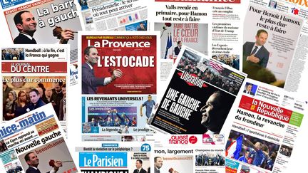 Les unes des journaux du 30 janvier 2017, titrant sur la victoire de Benoît Hamon.&nbsp; (FRANCEINFO)