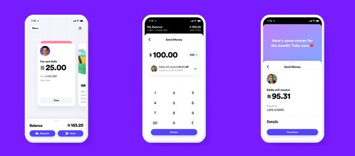 Captures d'écran du prototype de l'application Calibra, proposée par Facebook pour envoyer ou recevoir la cryptomonnaie Libra. (CALIBRA / FACEBOOK)