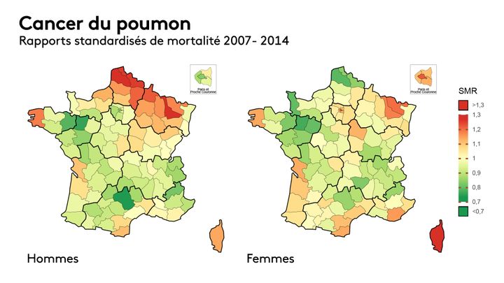 La carte de la surmortalité des cancers du poumon en France entre 2007 et 2016 (rapports standardisés, source : Santé publique France). (FRANCEINFO)