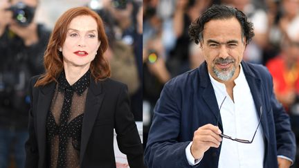 Isabelle Huppert et Alejandro Gonzalez Iñarritu lors du Festival de Cannes en mai 2019. (LOIC VENANCE/AFP / ALBERTO PIZZOLI/AFP)