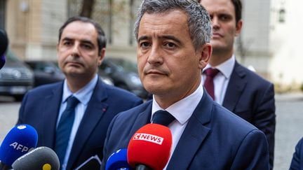 Gérald Darmanin a la fin de la réunion de sécurite relative au renforcement de la sécurisation des lieux communautaires juifs en France, le 9 octobre 2023. (CHRISTOPHE PETIT TESSON / MAXPPP)