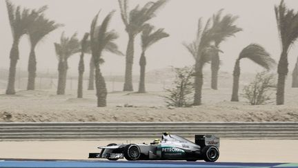 La formule 1 du pilote allemand Nico Rosberg &agrave; l'entra&icirc;nement sur le circuit international de&nbsp;Sakhir &agrave; Manama (Bahre&iuml;n), le 21 avril 2012. (HAMAD MOHAMMED / REUTERS)