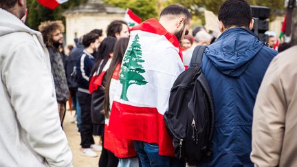 Une personne avec un drapeau libanais lors d'un rassemblement pour le Liban, à Paris, France, le 20 octobre 2024. Photo d'illustration. (BASTIEN OHIER / HANS LUCAS / VIA AFP)