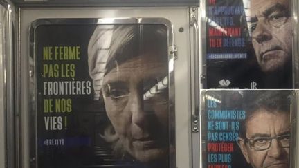 Des affiches anti-avortement, mettant en scène les candidats à la présidentielle, ont été apposées dans le métro à Paris,&nbsp;le&nbsp;26 avril 2017. (FRANCEINFO / LAURENT DELMAS)