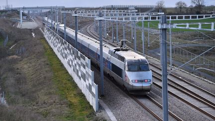 Un TGV près de Sablé-sur-Sarthe (Sarthe), le 17 mars 2018. (JEAN-FRANCOIS MONIER / AFP)