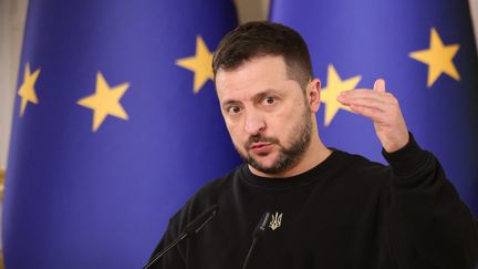 Volodymyr Zelensky on November 21, 2023 in kyiv (Ukraine), speaking to the press during a visit by the President of the European Council Charles Michel.  (EUROPEAN UNION / HANS LUCAS / AFP)