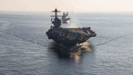 Photo d'archive mise à disposition par l'US Navy montrant le porte-avions dans la mer Ionienne, le 4 octobre 2023 (US NAVY/MC2 JACOB MATTINGLY HANDOUT / MAXPPP)