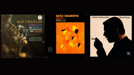 Les albums "Genius + Soul = Jazz" de Ray Charles, "Getz/Gilberto" de Stan Getz et João Gilberto, et "Stone Flower" d'Antônio Carlos Jobim (Impulse! / Verve / CTI)