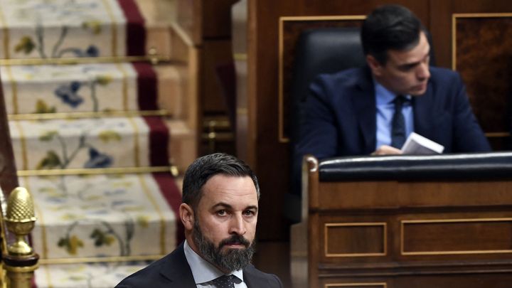 Le leader du parti d'extrême droite Vox, Santiago Abascal, et le Premier ministre Pedro Sanchez, à l'arrière-plan, lors d'une session du Parlement espagnol à Madrid, le 3 décembre 2019. (PIERRE-PHILIPPE MARCOU / AFP)