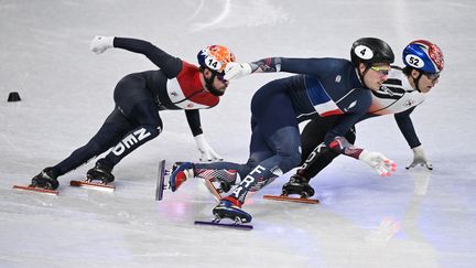 Sébastien Lepape n'est pas parvenu à se qualifier en demi-finale du 1500m en short-track, mercredi 9 février aux JO de Pékin 2022. (ANNE-CHRISTINE POUJOULAT / AFP)