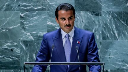 L'émir du Qatar, Cheikh Tamim ben Hamad Al Thani , lors de la 78e session de l'Assemblée générale des Nations unies à New York, New York, le 19 septembre 2023. (JUSTIN LANE / MAXPPP)