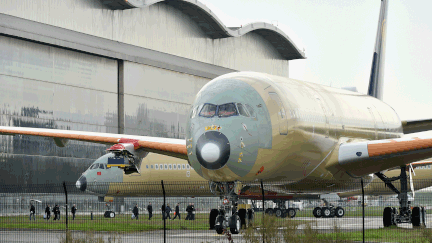 Un Airbus A350 en cours d'assemblage à l'usine de Toulouse-Blagnac (Haute-Garonne). (AFP)