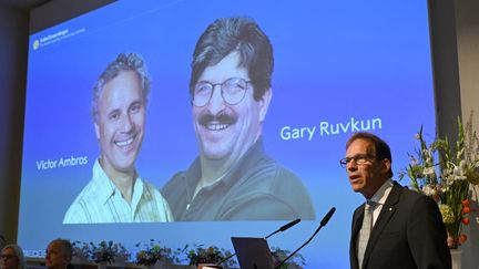 Le Nobel de médecine a été décerné aux chercheurs américains Victor Ambros et Gary Ruvkun, le 7 octobre 2024 à Stockholm (Suède). (JONATHAN NACKSTRAND / AFP)