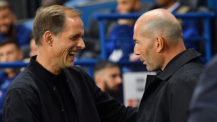 Thomas Tuchel et Zinédine Zidane lors d'un match entre le PSG et le Real Madrid au Parc des Princes, le 18 septembre 2019. (MAXPPP)