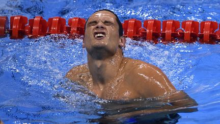 Florent Manaudou, le 12 août 2016, après avoir fini deuxième de la finale du 50 mètres nage libre aux Jeux olympiques de Rio (Brésil). (MARTIN BUREAU / AFP)