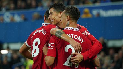 Cristiano Ronaldo tout sourire, après son but lors de la rencontre Everton-Manchester United, le 9 octobre 2022 à&nbsp;Goodison Park. (PETER BYRNE / MAXPPP)