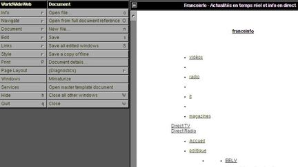 Capture d'écran de la page d'accueil du site de franceinfo dans le premier navigateur de l'histoire du web. (CERN / FRANCEINFO)