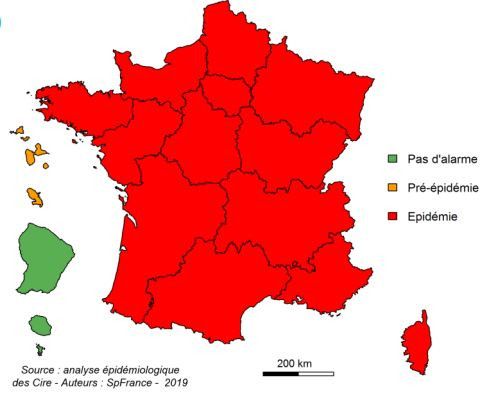 La carte du niveau d'alerte de la grippe, le 30 janvier 2019. (SANTE PUBLIQUE FRANCE)