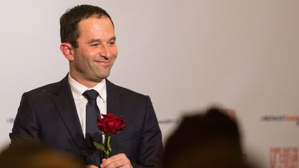 Benoît Hamon, le soir de sa victoire à la primaire de la gauche, le 29 janvier 2017, à Paris. (IRINA KALASHNIKOVA / SPUTNIK / AFP)