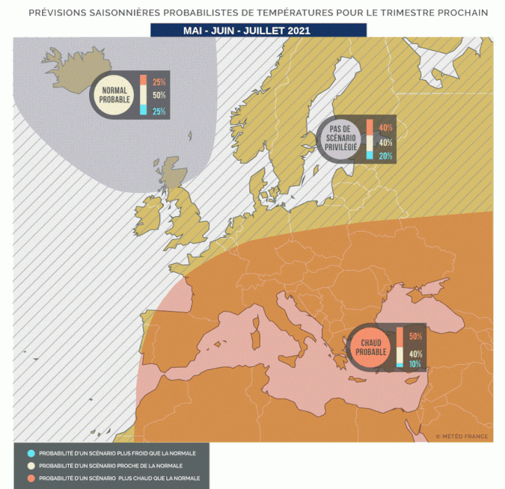 La carte des prévisions de température pour l'Europe pour les mois de mai, juin et juillet 2021. (METEO FRANCE)