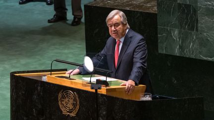 Le secrétaire général de l'ONU Antonio Guterres, le 19 septembre 2023, à l'assemblée générale de l'ONU. (VANESSA CARVALHO / BRAZIL PHOTO PRESS / AFP)