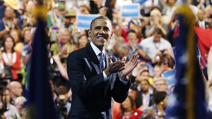 Le pr&eacute;sident am&eacute;ricain, Barack Obama, &agrave; l'issue de son discours de cl&ocirc;ture de la convention d&eacute;mocrate &agrave; Charlotte (Caroline du Nord), le 6 septembre 2012. (LARRY RUBENSTEIN / REUTERS)