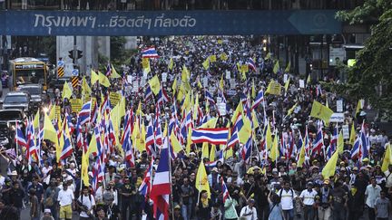 Les manifestants anti-gouvernementaux de la&nbsp;Dhamma Army &agrave; Bangkok en Tha&iuml;lande le 3 novembre 2013. (PATIPAT JANTHONG / BANGKOK POST / AFP)