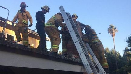 Des pompiers extraient une femme coinc&eacute;e dans un coinduit de chemin&eacute;e &agrave;&nbsp;Thousand Oaks, une banlieue au nord-ouest de Los Angeles (Californie), le 19 octobre 2014. (VCFD_PIO / TWITTER)