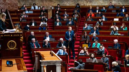 Les députés des groupes parlementaires composant la Nupes assis dans l'hémicycle à l'Assemblée nationale (Paris), le 17 février 2023. (AMAURY CORNU / HANS LUCAS / AFP)