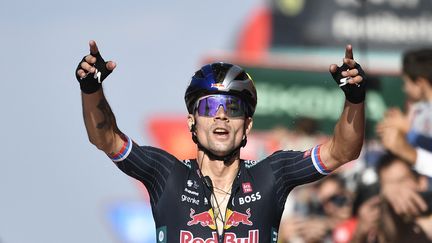 Primoz Roglic célèbre sa victoire à l'Alto de Moncalvillo, lors de la 19e étape de la Vuelta, le 6 septembre 2024. (ANDER GILLENEA / AFP)